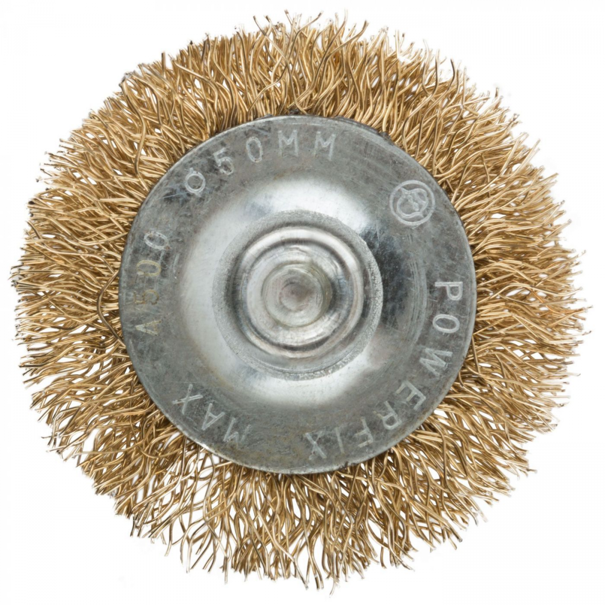 Корщетка для дрели колесо", со штифтом, стальная латунированная волнистая проволока  50 мм (MOS) MOS