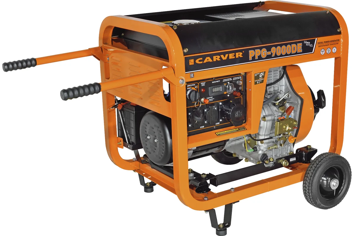 Генератор дизельный CARVER PPG - 9000DE (LT-192FD,7,0/7,5кВт,220В, бак12.5л, э/старт, колеса, медь