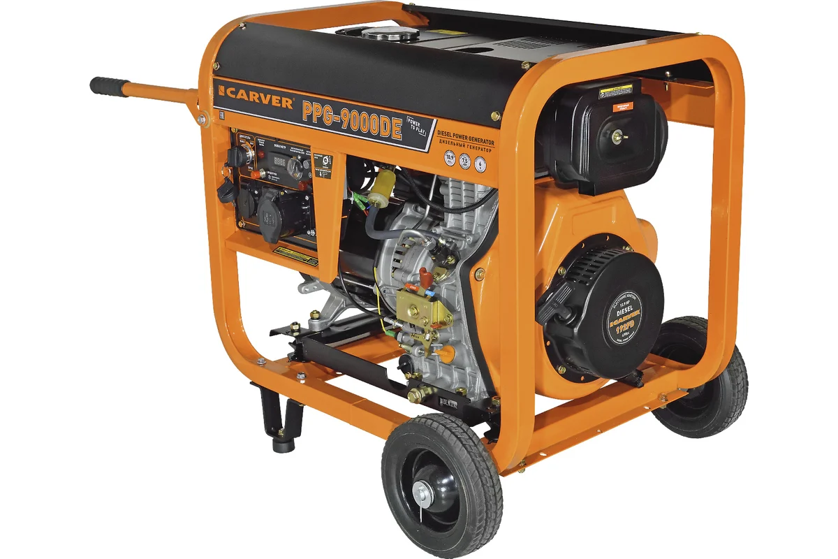 Генератор дизельный CARVER PPG - 9000DE (LT-192FD,7,0/7,5кВт,220В, бак12.5л, э/старт, колеса, медь