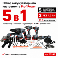 Набор аккумуляторного инструмента 5в1 ProfiPower. КЕЙС, АКБ3*4Ah (ProfiSet-5F18 Шур.Пер.Гайк.Ушм.Пи) Набор аккумуляторного инструмента 5в1 ProfiPower. КЕЙС, АКБ3*4Ah (ProfiSet-5F18 Шур.Пер.Гайк.Ушм.Пи)